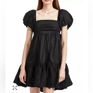 En Saison Juliet Poplin Black Cotton Puff Sleeve Mini Babydoll Dress - Size XS